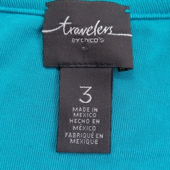 Chico's Travelers Blue Slinky Knit 3/4 Sleeve Tunic Asymmetrical Hem Stretchy - Picture 7 of 10